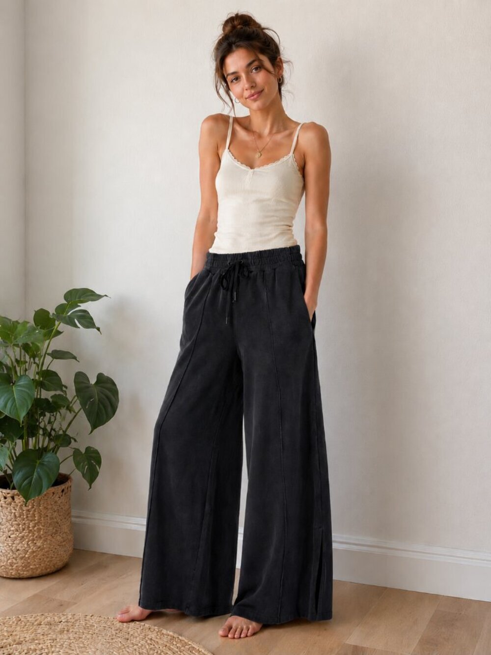 Poplex Black Pants Limitless Wide Leg Lounge Comfy Sweatpant Drawstring Medium